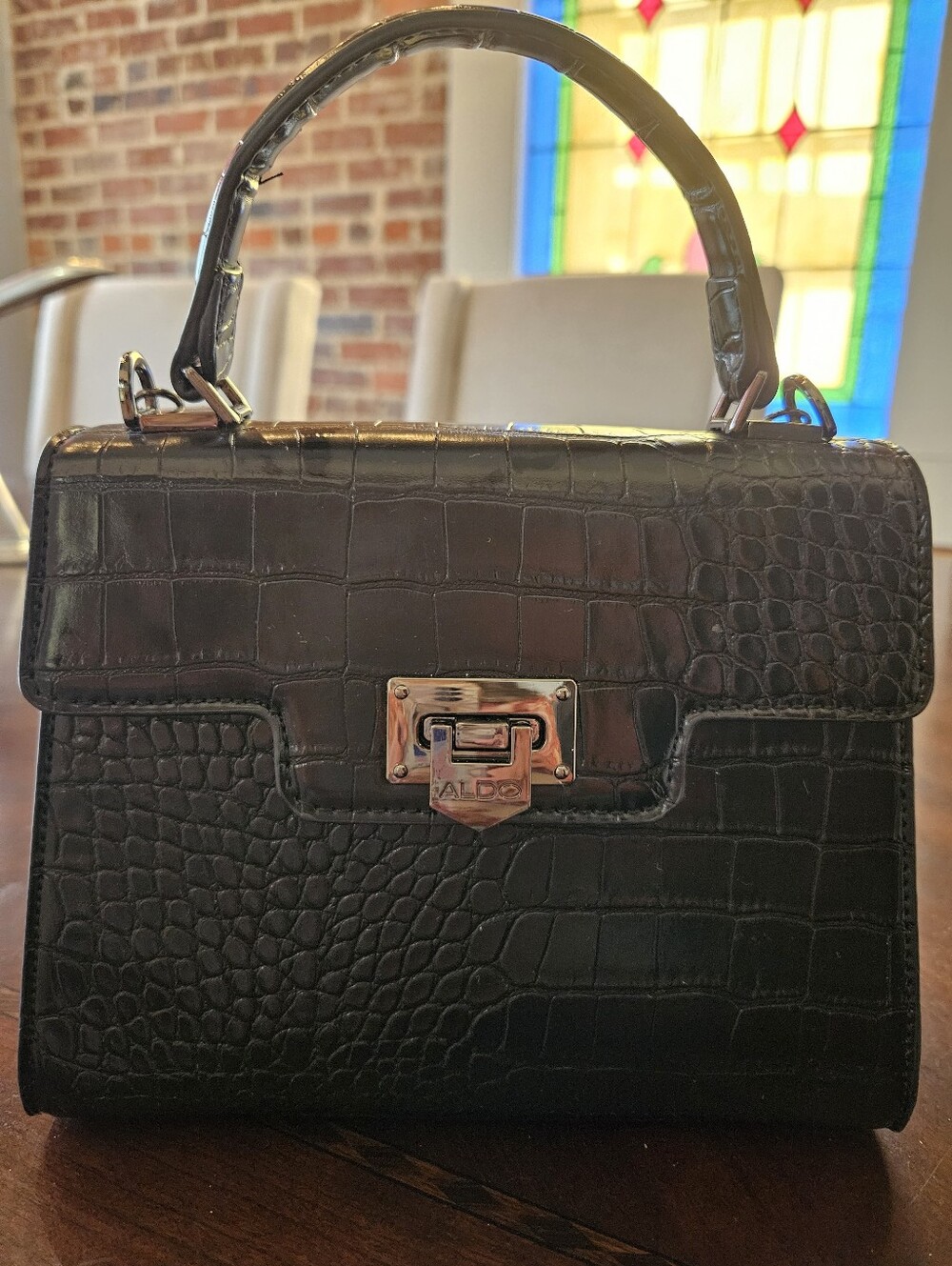 ALDO Black Croc-Embossed Top Handle Satchel Birkin Style